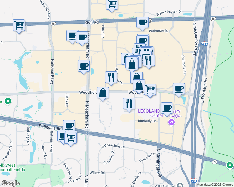 map of restaurants, bars, coffee shops, grocery stores, and more near 1501 East Woodfield Road in Schaumburg