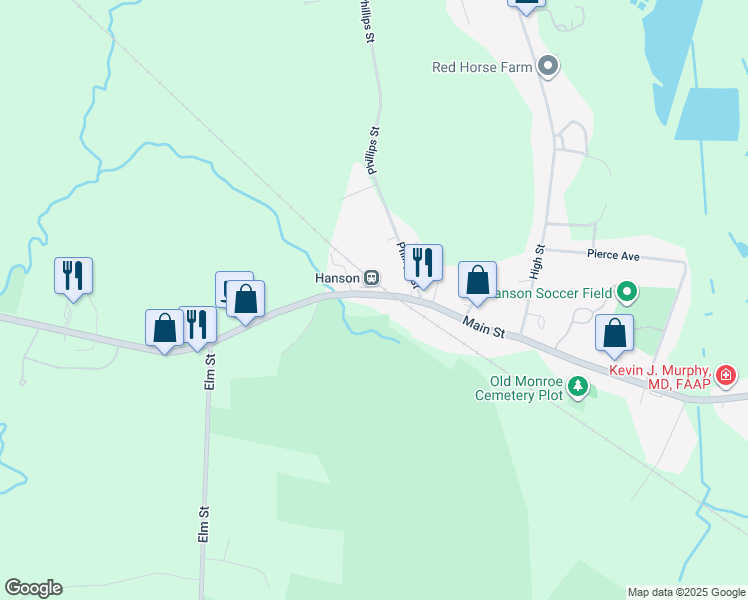 map of restaurants, bars, coffee shops, grocery stores, and more near 1120 Main Street in Hanson