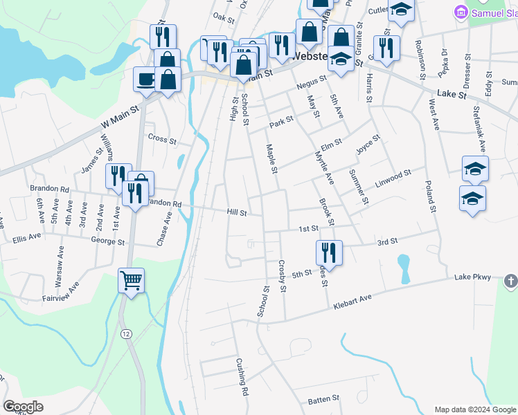map of restaurants, bars, coffee shops, grocery stores, and more near 405 School Street in Webster