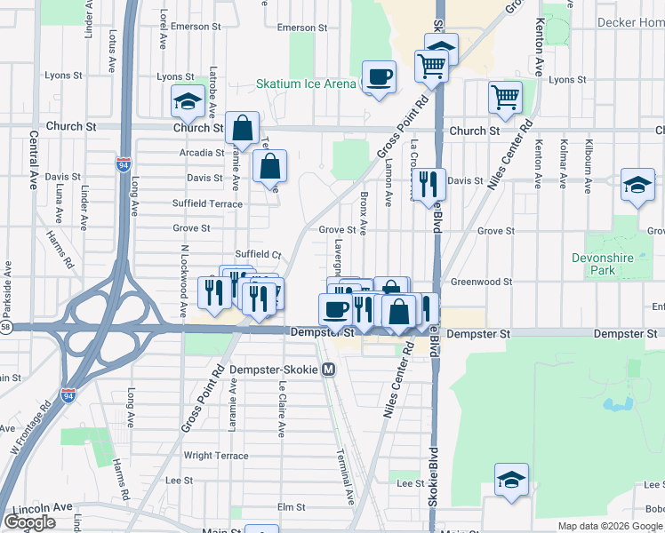 map of restaurants, bars, coffee shops, grocery stores, and more near 8927 Lavergne Avenue in Skokie