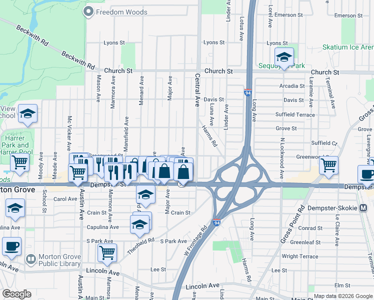 map of restaurants, bars, coffee shops, grocery stores, and more near 8918 Parkside Avenue in Morton Grove