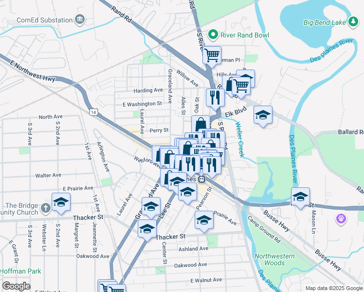 map of restaurants, bars, coffee shops, grocery stores, and more near 1453 Perry Street in Des Plaines
