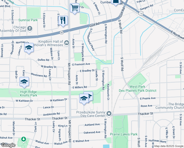 map of restaurants, bars, coffee shops, grocery stores, and more near 161 East Bradley Street in Des Plaines