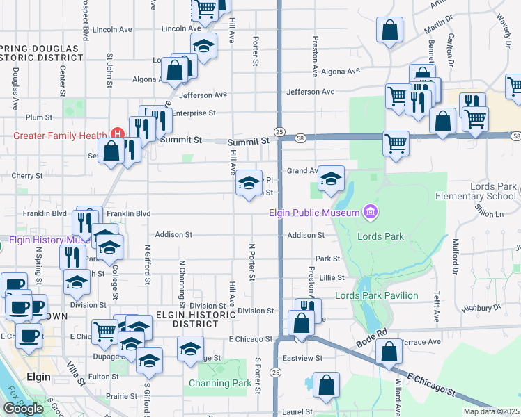 map of restaurants, bars, coffee shops, grocery stores, and more near 569 Ann Street in Elgin