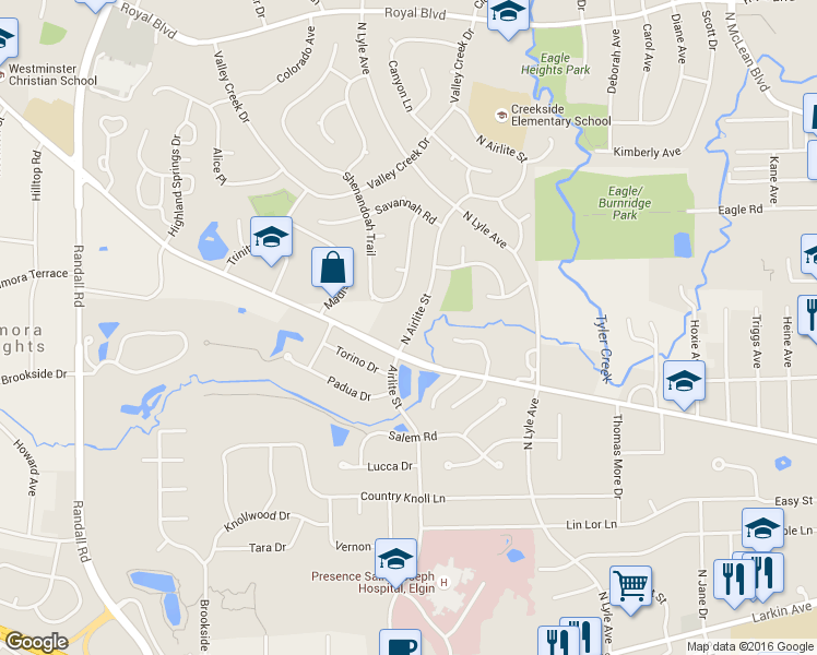 map of restaurants, bars, coffee shops, grocery stores, and more near 325 North Airlite Street in Elgin