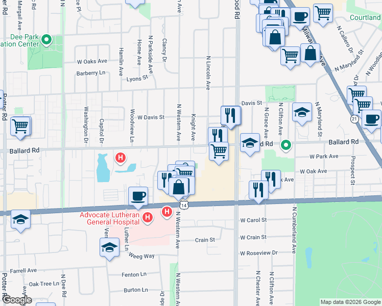map of restaurants, bars, coffee shops, grocery stores, and more near 8715 Ballard Road in Des Plaines
