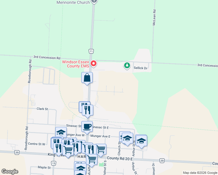 map of restaurants, bars, coffee shops, grocery stores, and more near 552 Queen Street in Essex