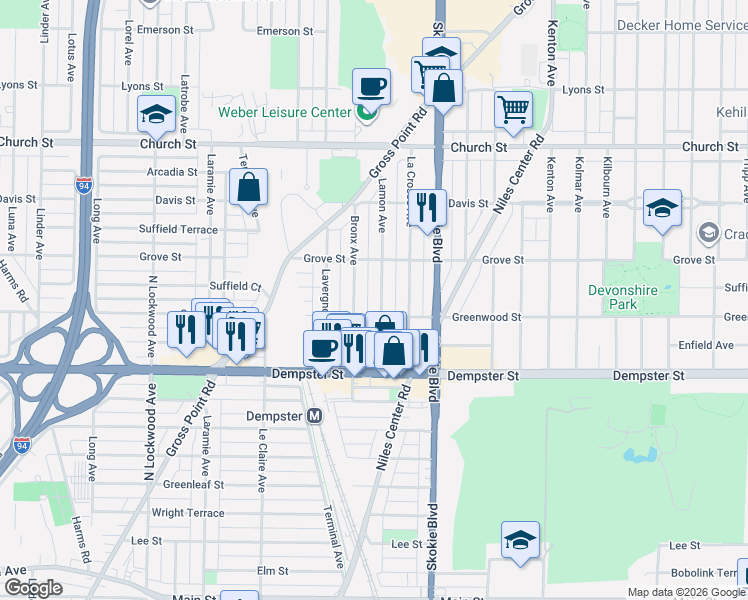 map of restaurants, bars, coffee shops, grocery stores, and more near 8931 Bronx Avenue in Skokie