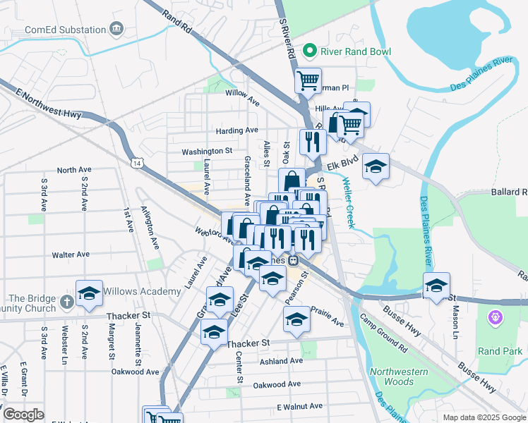 map of restaurants, bars, coffee shops, grocery stores, and more near 1453 Perry Street in Des Plaines