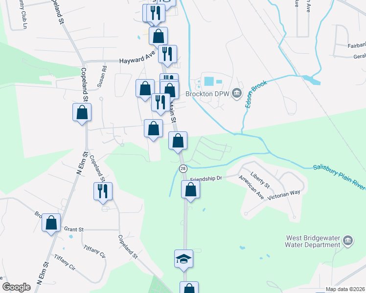 map of restaurants, bars, coffee shops, grocery stores, and more near 789 North Main Street in West Bridgewater