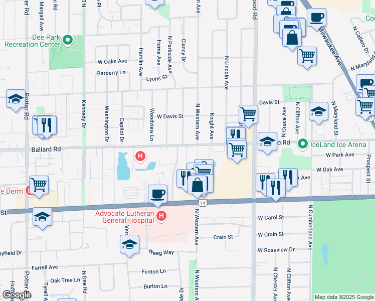 map of restaurants, bars, coffee shops, grocery stores, and more near 8970 North Parkside Avenue in Des Plaines