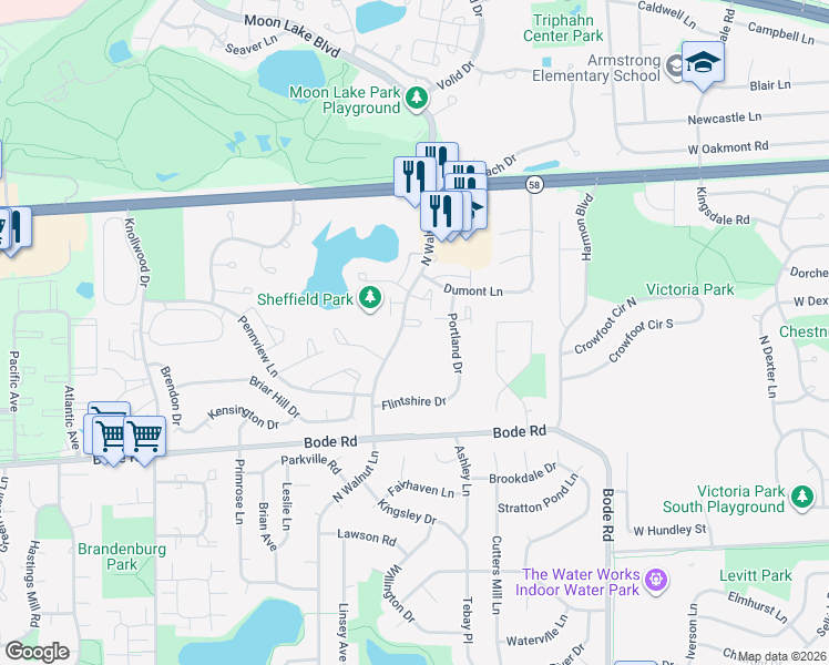 map of restaurants, bars, coffee shops, grocery stores, and more near 1916 Finchley Court in Schaumburg