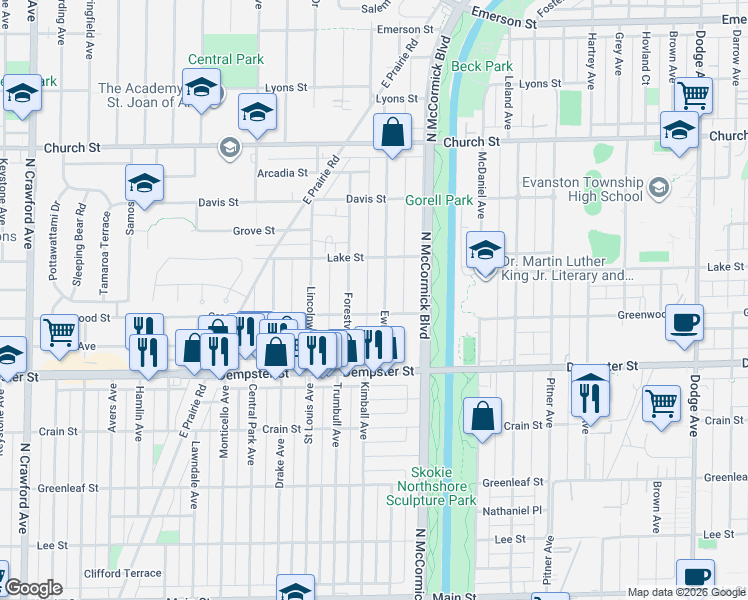 map of restaurants, bars, coffee shops, grocery stores, and more near 8926 Ewing Avenue in Evanston