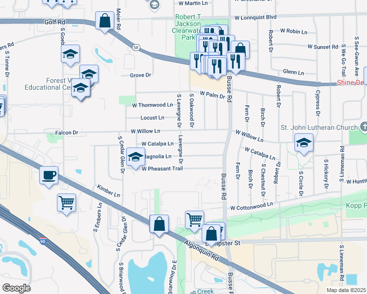 map of restaurants, bars, coffee shops, grocery stores, and more near 1732 West Catalpa Lane in Mount Prospect