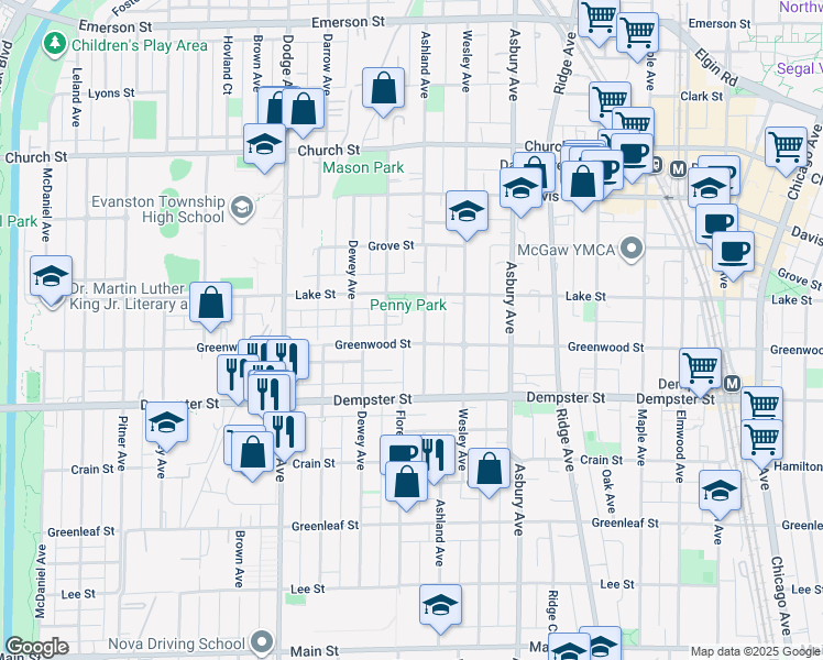 map of restaurants, bars, coffee shops, grocery stores, and more near 1413 Florence Avenue in Evanston