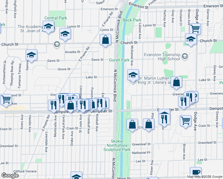 map of restaurants, bars, coffee shops, grocery stores, and more near 8924 Bennett Avenue in Evanston