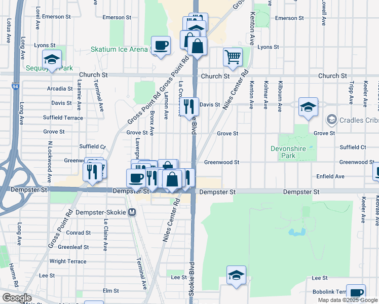 map of restaurants, bars, coffee shops, grocery stores, and more near 8929 Skokie Boulevard in Skokie