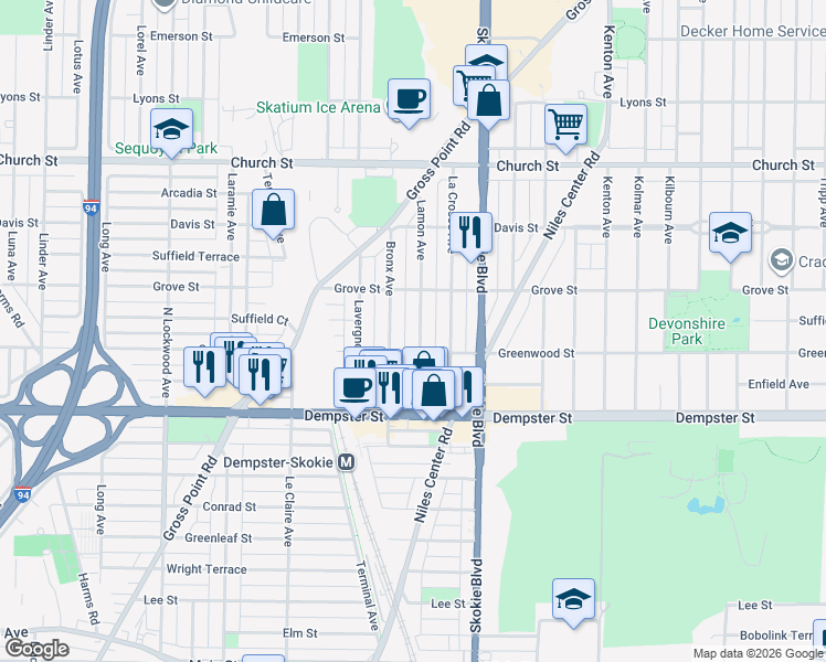 map of restaurants, bars, coffee shops, grocery stores, and more near 8931 Bronx Avenue in Skokie