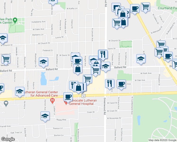 map of restaurants, bars, coffee shops, grocery stores, and more near 8703 Ballard Road in Des Plaines