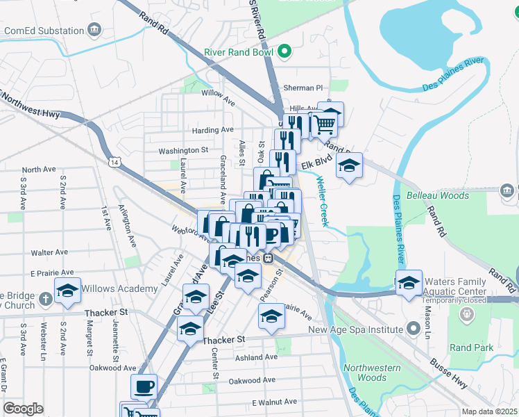 map of restaurants, bars, coffee shops, grocery stores, and more near 540 Lee Street in Des Plaines