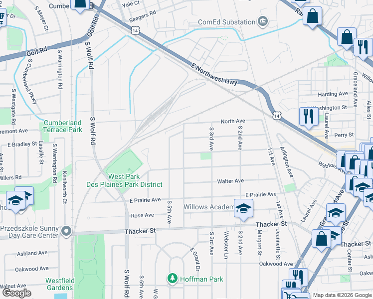 map of restaurants, bars, coffee shops, grocery stores, and more near 528 South 4th Avenue in Des Plaines