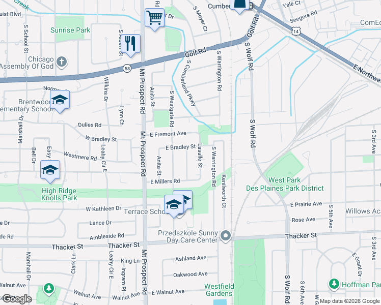 map of restaurants, bars, coffee shops, grocery stores, and more near 161 East Bradley Street in Des Plaines