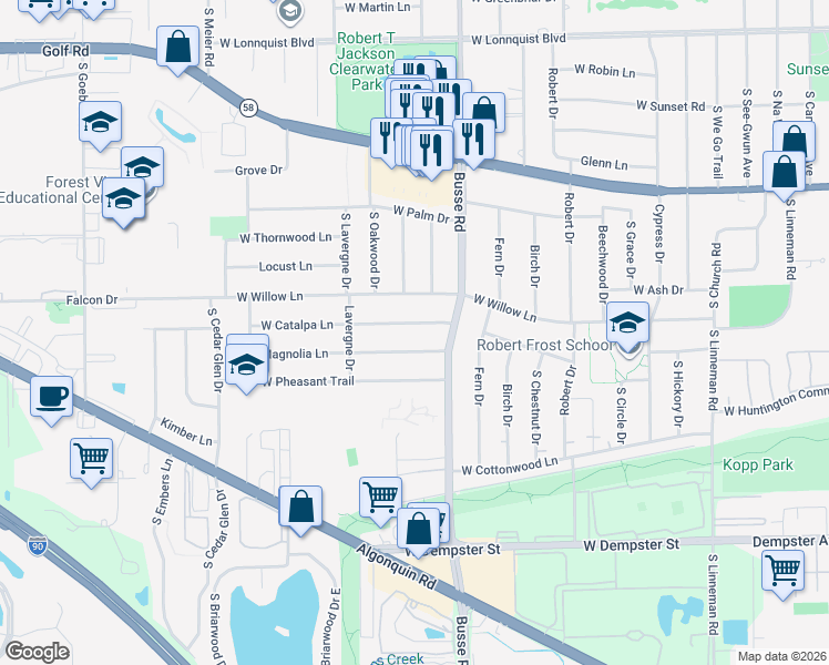 map of restaurants, bars, coffee shops, grocery stores, and more near 1706 West Catalpa Lane in Mount Prospect
