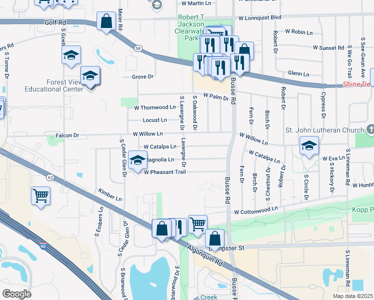 map of restaurants, bars, coffee shops, grocery stores, and more near 1732 West Catalpa Lane in Mount Prospect
