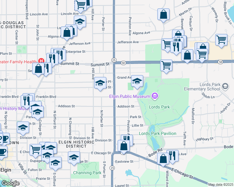 map of restaurants, bars, coffee shops, grocery stores, and more near 317 North Liberty Street in Elgin