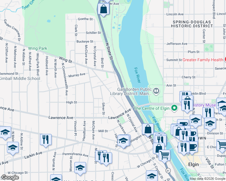 map of restaurants, bars, coffee shops, grocery stores, and more near 405 North Crystal Avenue in Elgin