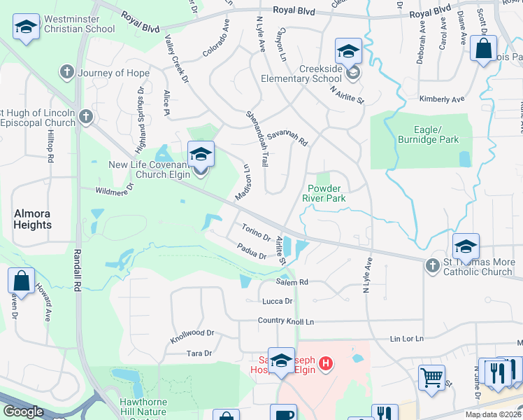 map of restaurants, bars, coffee shops, grocery stores, and more near 36W460 Highland Avenue in Elgin