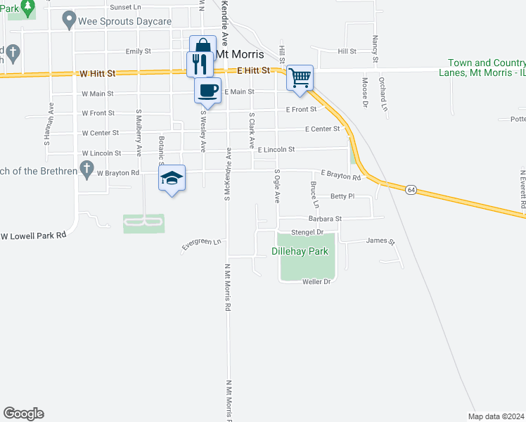 map of restaurants, bars, coffee shops, grocery stores, and more near 204 Barbara Street in Mount Morris