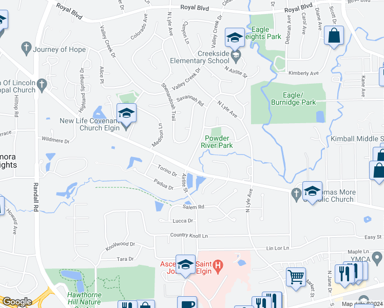 map of restaurants, bars, coffee shops, grocery stores, and more near 352 North Airlite Street in Elgin
