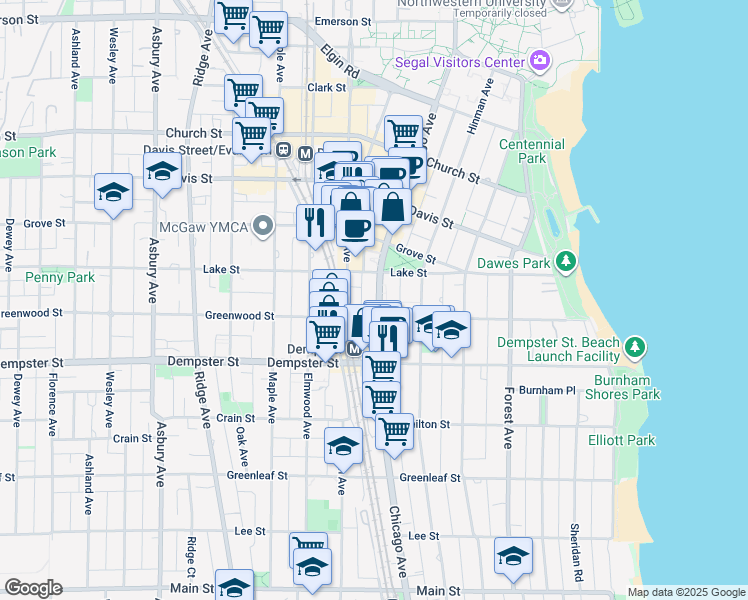 map of restaurants, bars, coffee shops, grocery stores, and more near 1410 Chicago Avenue in Evanston