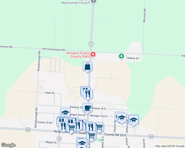 map of restaurants, bars, coffee shops, grocery stores, and more near 552 Queen Street in Essex