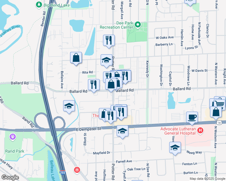 map of restaurants, bars, coffee shops, grocery stores, and more near W Ballard Rd & Potter Rd in Des Plaines