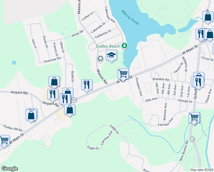 map of restaurants, bars, coffee shops, grocery stores, and more near 135 West Main Street in Dudley
