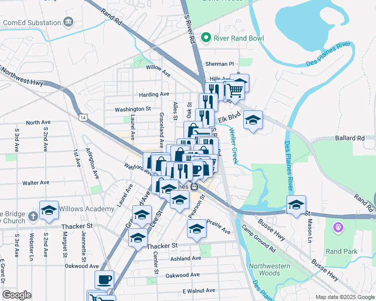 map of restaurants, bars, coffee shops, grocery stores, and more near 540 Lee Street in Des Plaines