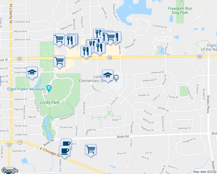 map of restaurants, bars, coffee shops, grocery stores, and more near 324 Waverly Drive in Elgin