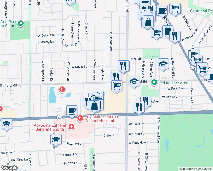 map of restaurants, bars, coffee shops, grocery stores, and more near 8703 Ballard Road in Des Plaines
