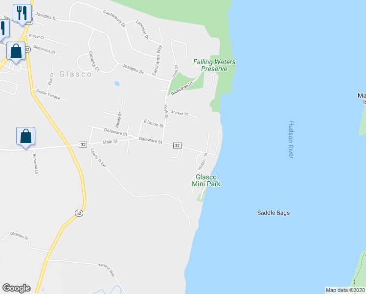 map of restaurants, bars, coffee shops, grocery stores, and more near Delaware Street & Albany Street in Glasco