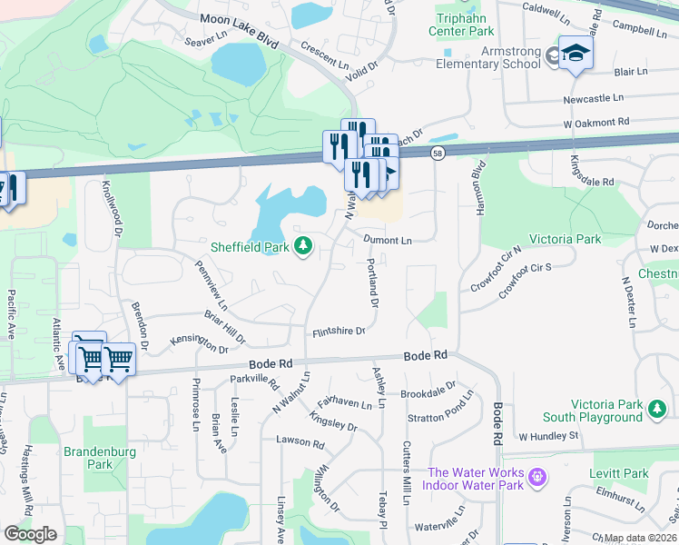 map of restaurants, bars, coffee shops, grocery stores, and more near 1919 Finchley Court in Schaumburg