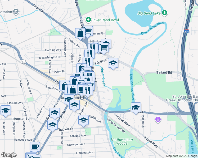 map of restaurants, bars, coffee shops, grocery stores, and more near 545 South River Road in Des Plaines