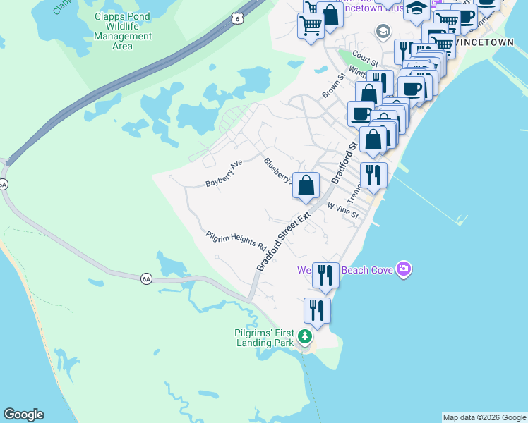 map of restaurants, bars, coffee shops, grocery stores, and more near 112R Bradford Street Extension in Provincetown
