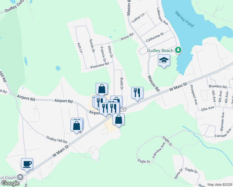 map of restaurants, bars, coffee shops, grocery stores, and more near 12 Alton Drive in Dudley