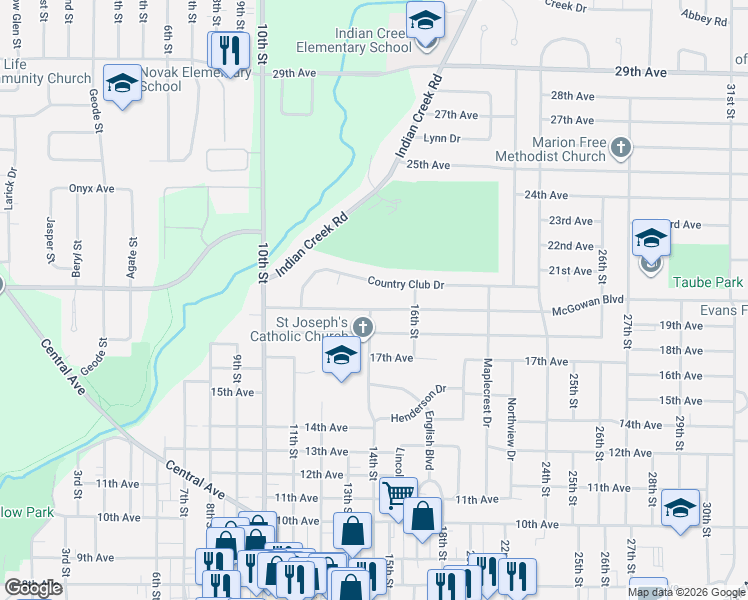 map of restaurants, bars, coffee shops, grocery stores, and more near 1425 Country Club Drive in Marion