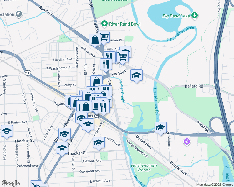 map of restaurants, bars, coffee shops, grocery stores, and more near 545 South River Road in Des Plaines