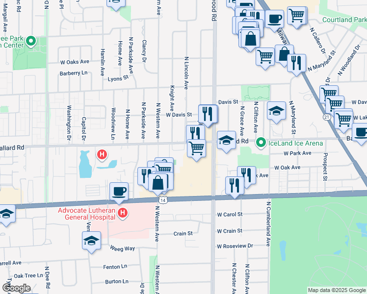 map of restaurants, bars, coffee shops, grocery stores, and more near 8703 Ballard Road in Des Plaines