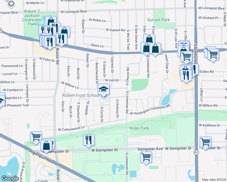 map of restaurants, bars, coffee shops, grocery stores, and more near 1015 West Willow Lane in Mount Prospect