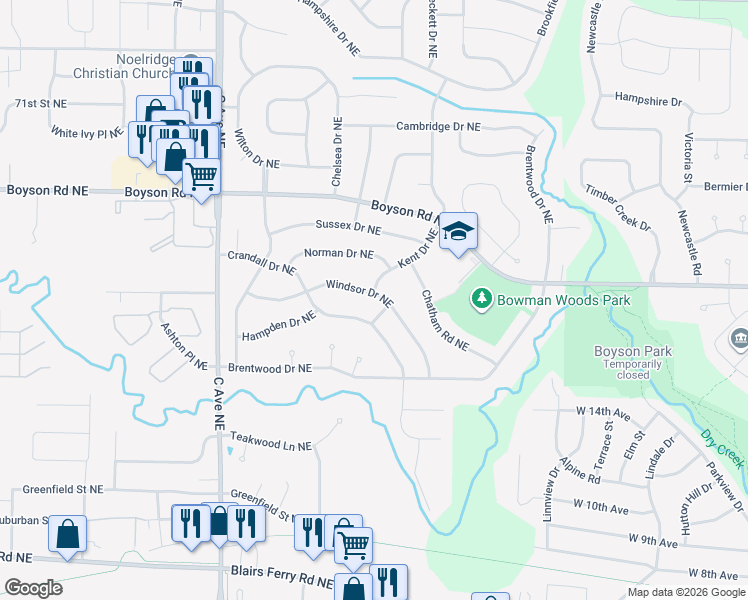 map of restaurants, bars, coffee shops, grocery stores, and more near 265 Windsor Drive Northeast in Cedar Rapids